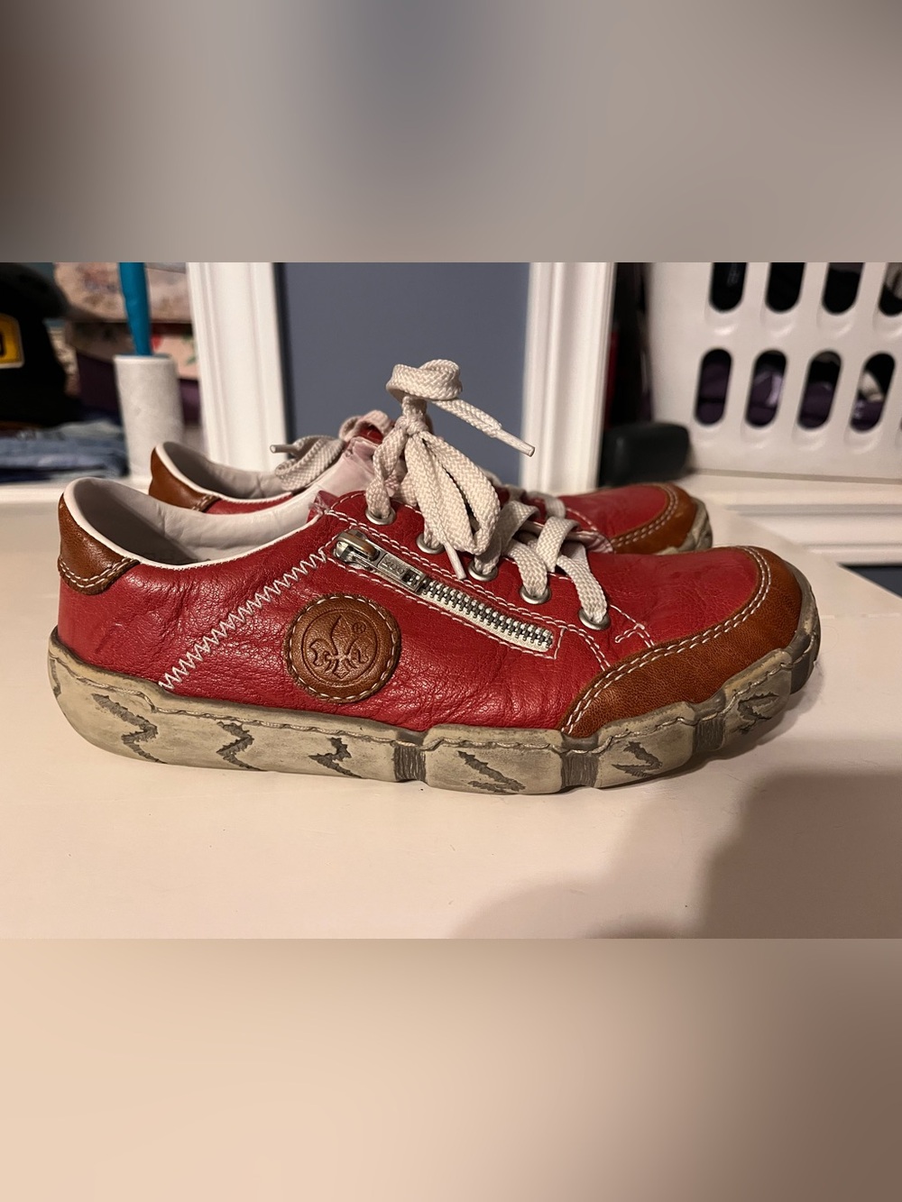Reiker Red Leather Lace-Up Sneakers with Side Zip